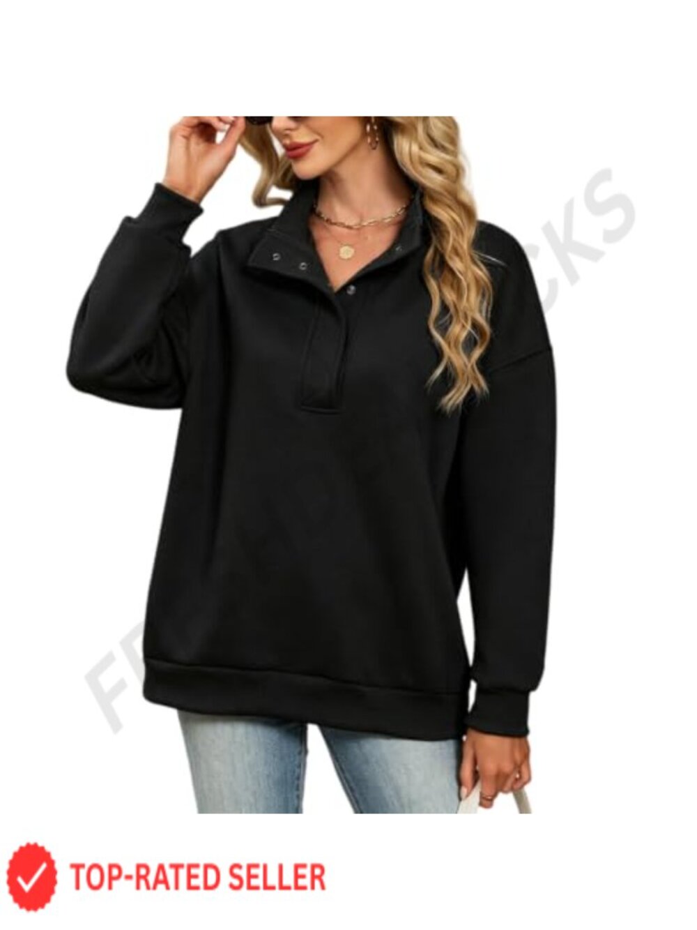 Oversized Fleece Henley Neck Sweatshirt Collar Pullover Women